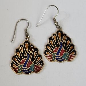 Vtg Cloisonne Peacock Drop Earrings with Multicolor Enamel Accents